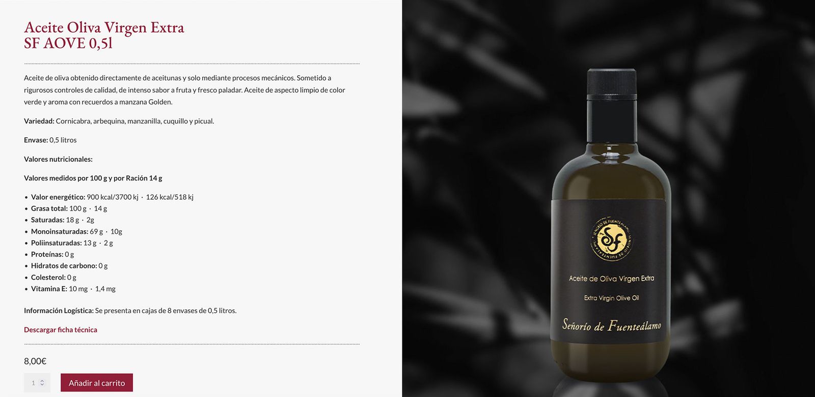 Diseño UI/UX de la sección de aceite en la web de Bodegas San Dionisio